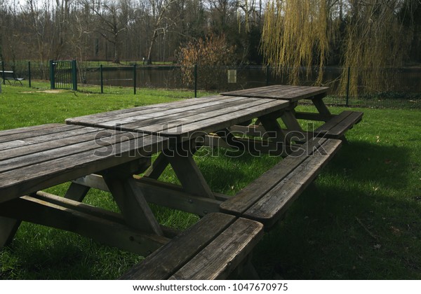 Wooden Tables Benches Park Picnic Sideview Stock Photo Edit Now