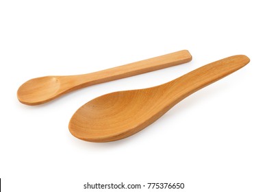 Wooden tablespoon and teaspoon isolated on white background, clipping path