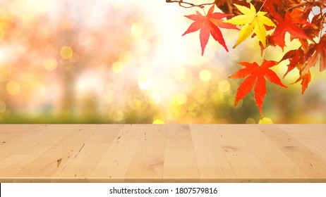 wooden tabletop with fall and autumn season design with red maple background