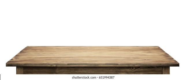 Wooden tabletop on white background. Empty rustic wood table. - Shutterstock ID 651994387