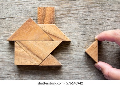 Wooden Tangram Puzzle Wait To Fulfill Home Shape For Build Dream Home Or Happy Life Concept