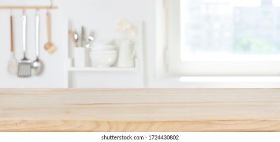 Wooden Texture Board On Blurred Kitchen Window Of Pastel Color