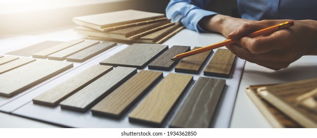 wooden texture furniture material samples for interior design. designer working in office. banner - Shutterstock ID 1934362850