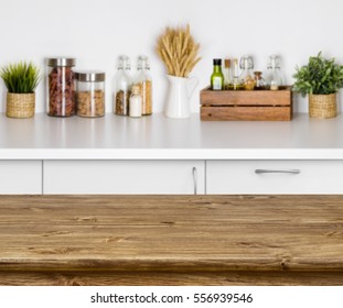 Wooden Texture Table With Bokeh Image Of Kitchen Bench Interior