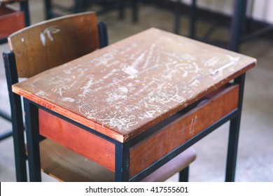 Wooden Thai school desk and chairs, "I am here"in Thai was written on the table