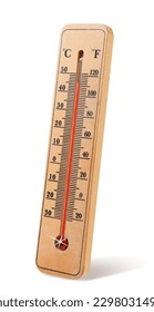 Wooden thermometer with high temperature close-up on a white background. Isolated - Shutterstock ID 2298031491
