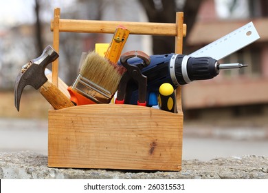 Wooden Tool Box At Work Close Up