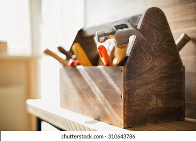 Wooden toolbox on the table