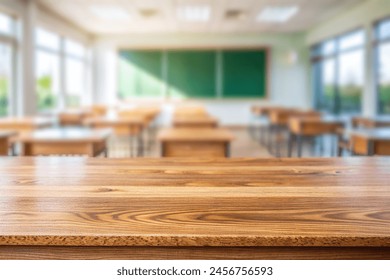 Wooden top with blurred empty classroom background can be used for mocking up or display product to make advertising.  - Powered by Shutterstock