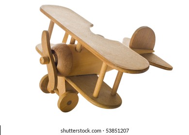 Wooden toy airplane isolated on white