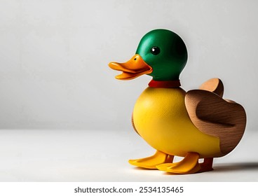 A wooden toy duck with a yellow body, green head, and orange beak stands on a white background. The duck's body is made of smooth wood, while its head is painted green. The toy has a red collar and ye - Powered by Shutterstock