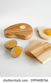 Wooden Toy Food Includes Eggs, Spagetti, Mushrooms, Steak And Bread On White Minimalistic Backgrownd. Play For Preschool Children.