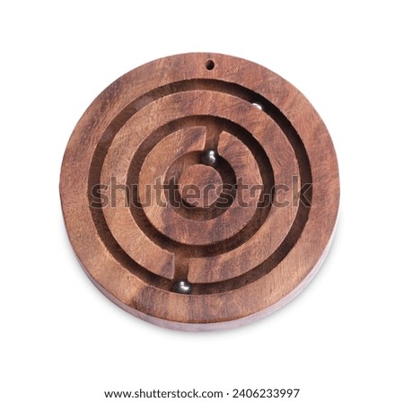 Wooden toy maze with metal balls isolated on white, top view