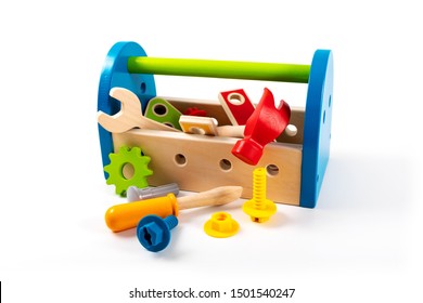 Wooden Toy Tool Box Isolated On White Background