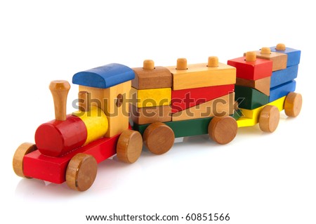 Wooden toy train with colorful blocs isolated over white