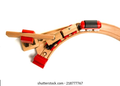 Wooden Toy Train With Crane A Top View Isolated On White Background