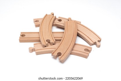 Wooden Toy Train Track On Isolated White Background