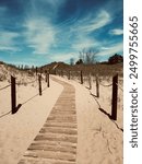 A wooden trail winding through the Sand Dunes of Kohler Andrae State Park.