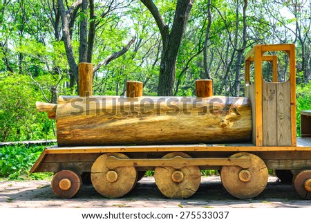 Wooden train, landscape decoration in Shenyang Botanical Garden, Shenyang City, Liaoning province, China.