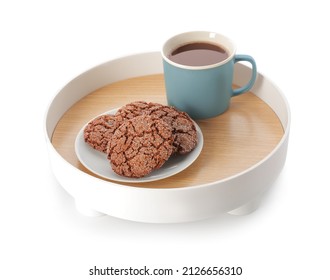 Wooden Tray With Cookies And Cup Of Coffee On White Background