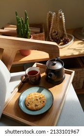 Wooden Tray With Cup Of Tea, Teapot And Plate With Homemade Sugar Cookies