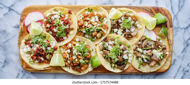 Wooden Tray Full Of Mexican Street Tacos