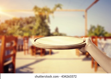 Wooden Tray And Woman Hands Holding 