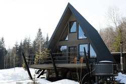 Wooden Triangle Country Tiny Cabin House With Hot Tub Spa And Suv Car In Mountains. Soul Weekends.