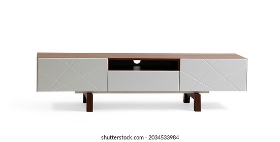 Wooden TV Table On White Background . Front View