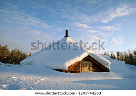 Wooden village house with christmas tree in winter, Lapland Finland