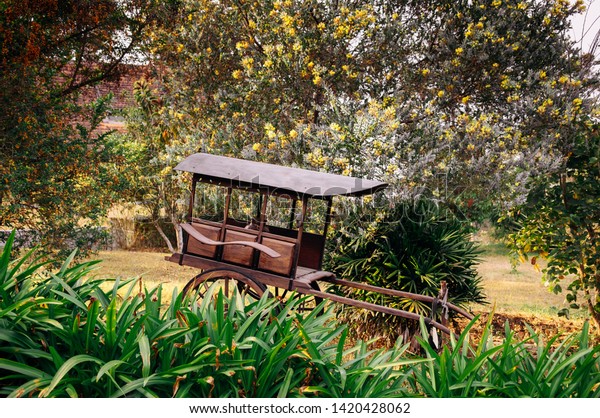 Wooden wagon bullock cart\
or bullock car in garden - Garden decoration with vintage Asian\
style wagon