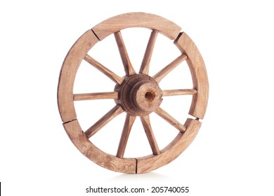 A Wooden Wagon Wheel Isolated On White Background