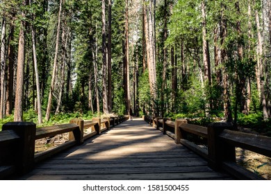 A Wooden Walking Path To The Yosemite Waterfall As A Giant Lodge Bridge.