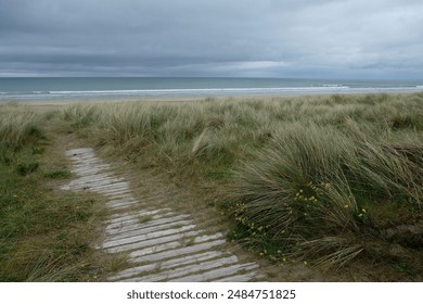 Wooden walkway among the grass leading to a wild beach in Donegal Ireland. Unspoilt Irish beach and a stormy sky. - Powered by Shutterstock