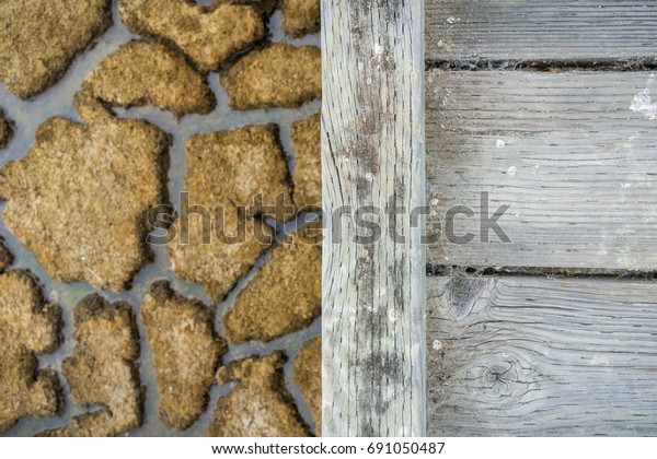 Wooden walkway and dried mud
in the background, Alviso marsh, south San Francisco bay,
California 