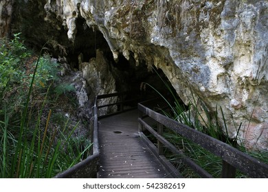 A Wooden Walkway Leads Into The Entrance Of Mammoth Cave In Margaret River, Australia.