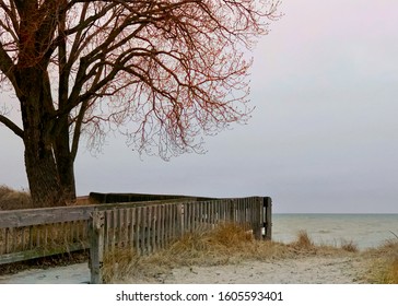 Wooden Walkway Overlooking Scenic Oval Beach On Lake Michigan