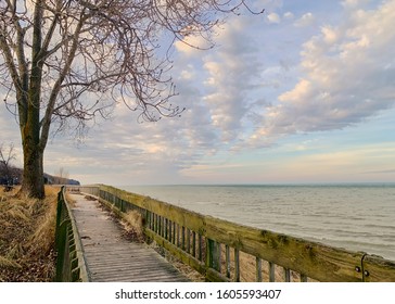 Wooden Walkway Overlooking Scenic Oval Beach On Lake Michigan