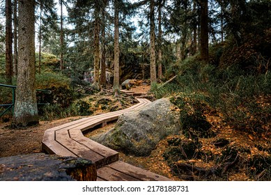Wooden walkway through forest and scenic mountain hiking trail in Sudety, Stolowe Mountains National Park, Poland. Hiking on touristic path in the mountains - Powered by Shutterstock