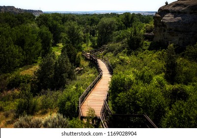A wooden walkway winding around Pompeys Rock surrounded by green trees in a summertime Montana landscape