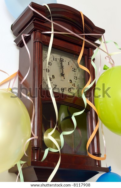 Wooden Wall Clock Decorated Streamers Balloons Stock Photo Edit