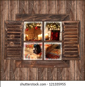 Wooden Wall With Window And Christmas Decoration Inside