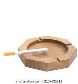 Wooden Walnut Ashtray Isolated Above White Background With Copy Space.