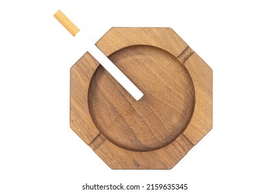 Wooden Walnut Ashtray Isolated Above White Background With Copy Space.