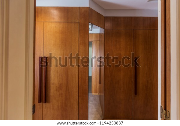 Wooden Wardrobe Mirror Interiors Stock Image