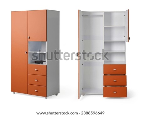 Wooden wardrobe and open closet isolated on white background
