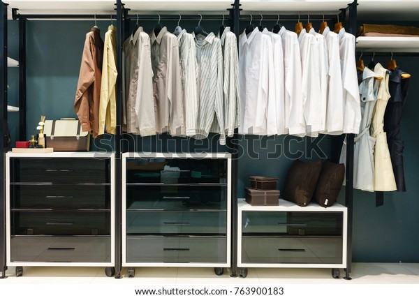 Wooden Wardrobe Walk Closet Clothes Hanging Stock Photo Edit Now