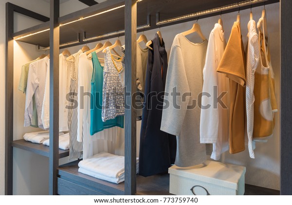 Wooden Wardrobe Walk Closet Clothes Hanging Stock Photo Edit Now