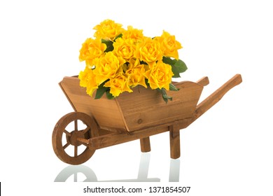 Wooden Wheel Barrow With Bouquet Yellow Roses