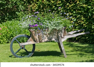 Wooden Wheel Barrow With Flowers In A Lush Garden